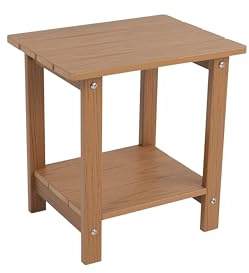 2-Tier HIPS Side Table, Indoor Outdoor End Table, Weather Resistant Patio Side Table for Porch, Garden, Poolside, Living Room (Teak Color)