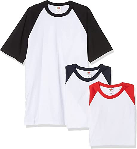 Fruit of the Loom Herren Baseball-Klassiker, kurzärmlig T-Shirt, Weiß Schwarz/Weiß Marineblau/Weiß Rot, L (3er Pack)