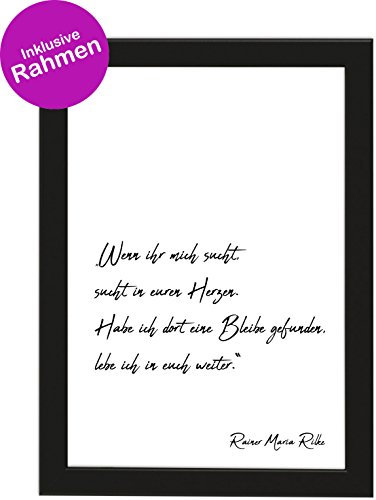 Poster DIN A4 'Wenn Ihr Mich Sucht, in Euren Herzen' - Gerahmt Mit Schwarzem Bilderrahmen - Trauer, Beerdigung, Beileid - Typographie - Poster Mit Rahmen