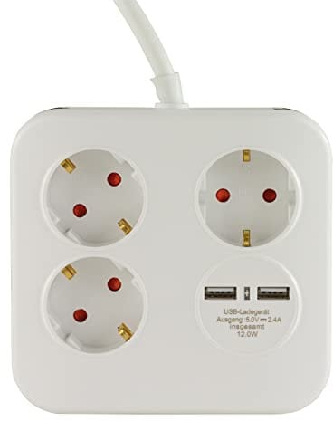 REV Steckdosenleiste PowerQuad - Mehrfachsteckdose 3-Fach mit 2 USB-Anschlüssen, max. 3680W, 140cm, weiß