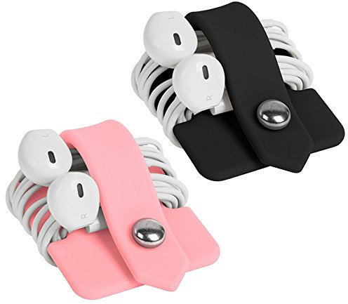 ELFRhino - Organizzatore per cavi di auricolari, anti-groviglio, per auricolari, avvolgicavo e avvolgicavo 2 Pieces Black+Pink