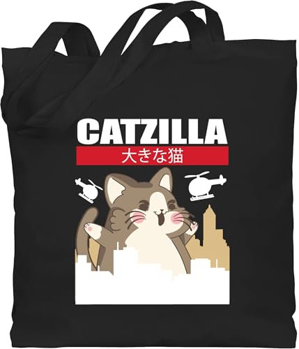 Baumwolltasche - Anime Geschenke - Catzilla - Big Cat - Unisize - Schwarz - katzenbeutel geschenk+anime katze stofftasche einkaufstasche katzenmotiv animi jutebeutel tote bag cats anemie stoffbeutel