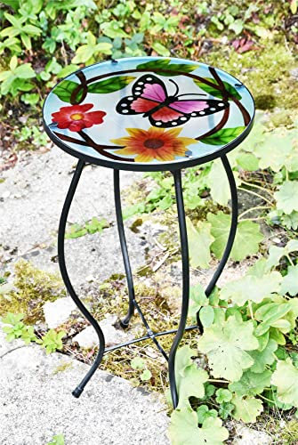GEEZY Mosaic Garden Table – Small Butterfly Design, Weatherproof Glass & Iron, Small Round Outdoor Patio Coffee Versatile Bistro Side Table Plant Stand for Home & Gift, 30.5 cm, Garden Tables Only