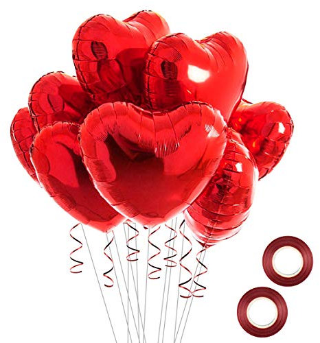 20 Stück Folienballon, Herz Folie Party Luftballons, Heliumballon mit 2 Rollen Bändern, Elegante Luftballons für Hochzeit Brautdusche Geburtstag Valentinstag Dekorationen, 18 Zoll (Rot)