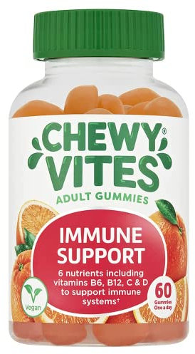 Chewy Vites Adult Immune Support, 60 Multivitamin Gummies, High Strength Vitamin D, Vitamin B6, B12, C, Zinc, Selenium, 2 Months Supply, Real Fruit Juice, Vegan, Orange Flavour