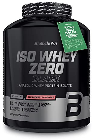 BioTechUSA Iso Whey Zero Black | Protéine de première qualité avec créatine, zinc, vitamine B3 et acides aminés | 90% de protéines | Sans sucre, sans lactose, sans gluten, 2.27 kg, Fraise