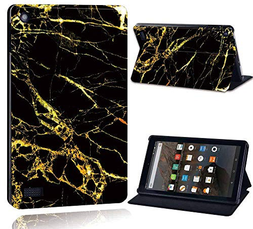 FINDING CASE Fit Amazon Fire 7 (5th Gen 2015) Tablet - Printed PU Flip Leather Smart Lightweight Shell Stand Cover Case for Fire 7 (Gold Vein in Black Marble)