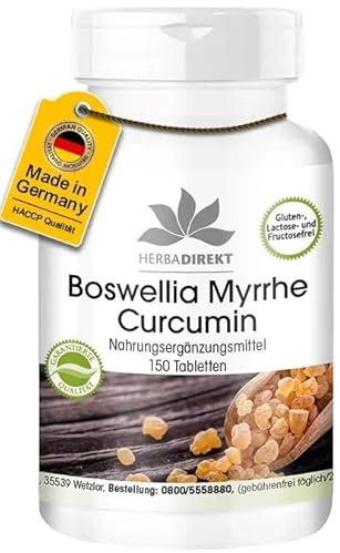 Boswellia Tabletten - mit Myrrhe und Curcumin - 150 Tabletten - mit Vitamin D3 | HERBADIREKT by Warnke Vitalstoffe - Deutsche Apothekenqualität