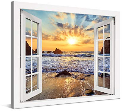 PICANOVA – Stampa su Tela Tramonto sulla Spiaggia Rocciosa Finestra 100x75cm – Quadro su Tela Moderno Incorniciato con Spessore di 2cm – Foto Decorazione da Parete Come Dipinto – Collezione Spiagge