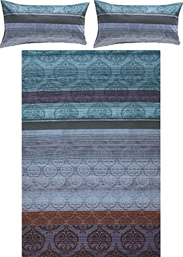 Erwin Müller Bettwäsche, Bettgarnitur Mako-Satin Ornamente blau-braun-violett Größe 40x80 cm / 200x220 cm - feinste Baumwolle, angenehmes Schlafklima, mit praktischem Reißverschluss