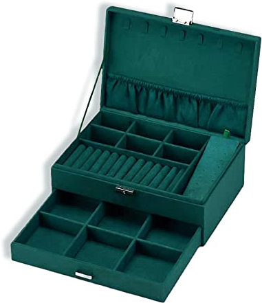 Hoshisea Grüne Damen Schmuckschatulle, Abschließbare Schmuckschatulle, 2 Tiers Schmuckschatulle mit Schubladen und Deckel, Verwendet für Armbänder, Ringe, Uhren, Ohrringe