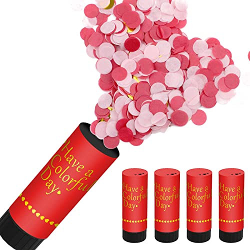 Konfettikanone, Party Popper, Konfetti Kanone Biologisch Abbaubar, 4 Stück Papier Konfetti Shooter für Hochzeit, Geburtstag, Weihnachten, Babyparty, Party-Zubehör (100% POP) (Rot)