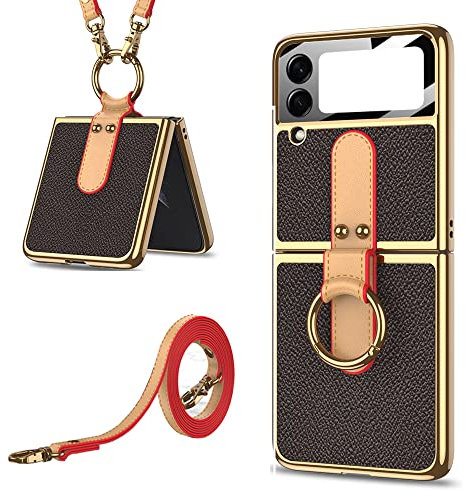 CeeEee Galaxy Z Flip 3 5g Leder Hülle mit Ring und Kleine Bildschirmschutz Schutzhülle Abnehmbarer Umhängeriemen Handyhülle für Samsung Z Flip3, Kaffeebraun