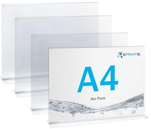 SPRINTIS T-Aufsteller für Inhalt A4 Querformat, transparenter Tischaufsteller im 4er Set, Prospekthalter in T-Form (DIN A4 Querformat)