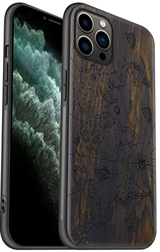 Carveit Holz Handyhülle für iPhone 11 Pro Max Cover [Einzigartiges Design Case] Stoßstange hülle Kompatibel mit 11 Pro Max Stilvolle Aussehen TPU Hülle（Dunklesholz-Weltkarte）