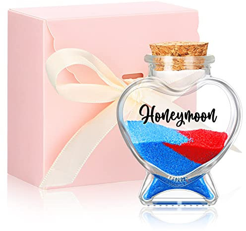 Zopeal Pot de Souvenir de Lune de Miel Bouteille de Sable Honeymoon Mini Bouteille en Verre de Coeur Bocal en Verre Transparent avec Bouchon en Liège Boîte Cadeau pour Couple Mariage