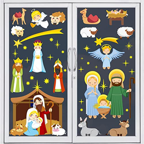 AnyDesign 6 Blatt Weihnachten Fensteraufkleber Krippe Fensteraufkleber doppelseitig niedlich Frohe Weihnachten Fensterdekoration für Weihnachten Zuhause Schule Kindergarten Büro Dekoration Party