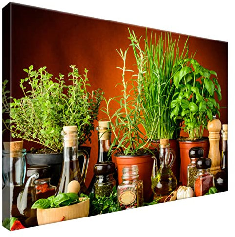 Estika Leinwand bilder - Olivenöl mit frischen Kräutern - 60x40 cm, 1 teilige kunstdruck - Wandbilder wohnzimmer, schlafzimmer, Moderne wanddeko, Bild auf leinwand - Küche bilder - 2054A_1E