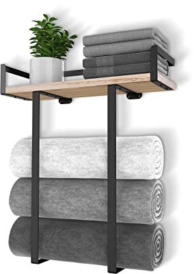Xstydes Towel Racks for Bathroom Wall Mounted, Metal Towel Holder with Wooden Shelf for Folding Large Towels, Towel Storage for Small Bathroom Organizer Decor or RV Camping, Black