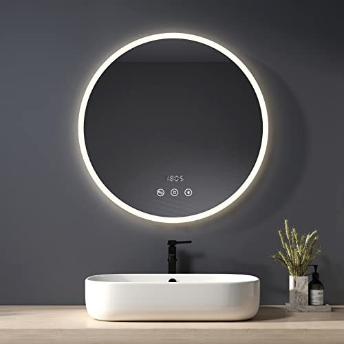Heilmetz Miroir Salle de Bain LED Rond 70cm Diamètre, Miroir Mural Salle de Bain avec 4300K Lumière, Bluetooth, Interrupteur Tactile, Anti-buée, Horloge