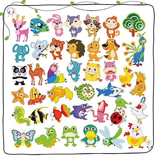 DIY Diamond Painting Kinder Sticker Aufkleber Set Klein Tiere Mosaik Llebebilder 5D Diamant Painting Bilder Malerei Diamontpating für ab 4 Jahre Kinder Junge Mädchen Erwachsene Anfänger (40 Stücke)