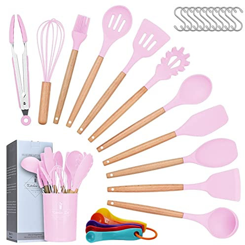 Kitchen Utensil Set Silicone Cooking Utensils, 27 Piece Silicone Utensil with Holder Heat Resistant Cooking Utensils with Wooden Handle for Non Stick Cookware Pans, Kitchen Gadgets Tool Set (Pink)