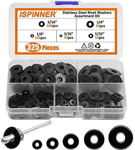 ISPINNER Assortiment de 325 rondelles de rivets de secours en acier inoxydable pour rivets aveugles Diamètre 3/32, 1/8, 5/32, 3/16, 1/4 (noir)