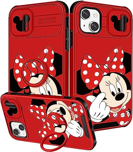 Qerrassa for iPhone 13 Case Cute Cartoon Phone Cover for iPhone 13 for Women Girly Girls i 13 Case with Camera Cover+Ring Stand Kawaii Funny Trendy Case for Apple iPhone 13 6.1, Heart Minn