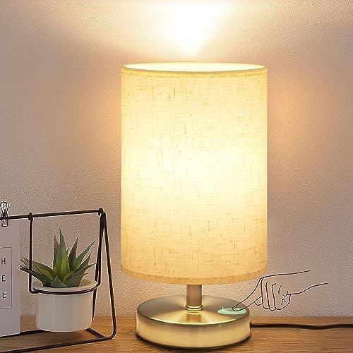 COOLWEST Nachttischlampe Touch, Led Nachttischlampe, Tischlampe Touch für Schlafzimmer, Wohnzimmer, Kinderzimmer, Deko, Geschenk, Metallbasis & Leinen Lampenschirm Beige, Einschließlich Glühbirnen