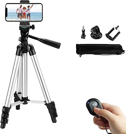 Tripod, 41.73in Camera Phone Stand, Phone Stand for Filming, Lightweight DSLR Tripod Camera Stand with Storage Bag, Bluetooth Controller, Tripod Adapter, for DSLR, Camera, Load up 2kg (silver)