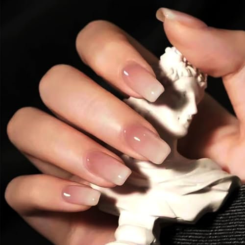 Brishow French False Nails Pink Gradient Press on Nails Natural Square Stick on Nails Ballerina Acrylic Short Fake Nails 24pcs for Women and Girls