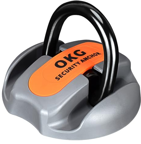 OKG Security Ground Anchor - 14mm (9/16in) Hardened Steel Swing Shackle - Heavy Duty Anti Theft Floor or Wall Anchor with 4 Fixed Mount Anchor Points for Bicycle, Moped, Motorcycle Security, Gray