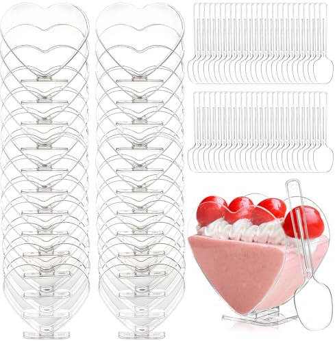 YancLife 50 Pcs Dessert Cups, 80ml Plastic Dessert Pots with Spoons, Heart to Heart Rectangle Clear Mini Cup Reusable Serving Dessert Bowl for Wedding, Birthday Parties Cheesecake Desserts(7.5 x 7cm)