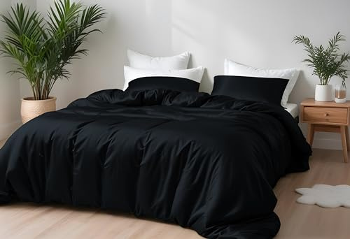 LINENWALAS Bambus-Bettwäsche-Set, Premium-Bettbezug-Set aus Bambusseide mit Kissenbezug, 3-teiliges Bettwäscheset, 220 x 240 cm, luxuriöser, weicher, kühlender Steppdeckenbezug (Tiefschwarz)