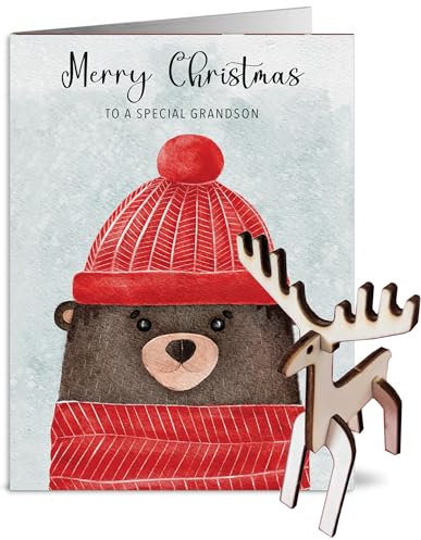Weihnachtskarte für einen besonderen Enkel mit lustigem Rentier aus Holz (Bär)