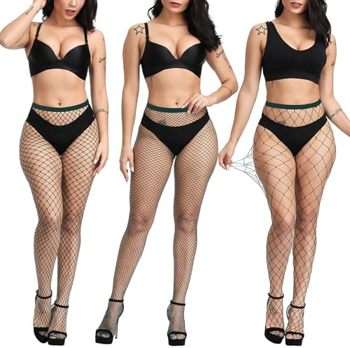 LittleForBig Hohe Taille Fischernetz Strumpfhosen Netzstrümpfe Netzstrumpfhose 3 Paare