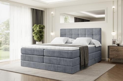 ALTDECOR Boxspringbett mit Matratze und Lattenrost, Topper, Polsterbett mit Bettkasten, Bett mit Stauraum H3- und H4- Matratze, Doppelbett, Springboxbett - Marce King - 200x200 - Grau Samt