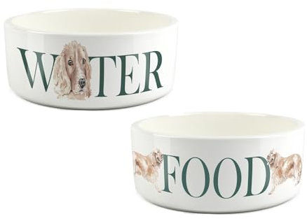Cocker Spaniel Pet Bowl Set - Food & Water Ceramic Food Bowls - Large White Feeding Dishes For Dogs (Set of 2)