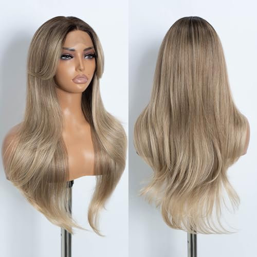 Style Icon Curtain Bangs Perücke Synthetische Lace Front Perücke Honigblondine T Part Lace Long Layered Wave Perücken für Damen 26 Zoll (TATHL 10A/6C/24J)