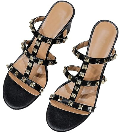 FamMe Nieten-Pumps für Damen, offene Zehenpartie, Sandalen mit Nieten, zum Hineinschlüpfen, klobiger Block-High-Heel, Slingback, Hochzeitskleid, Slipper, Slide-Schuhe,Schwarz,40