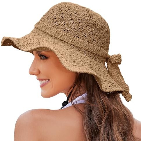PuTian Sonnenhut für Damen, breite Krempe, leicht, tragbar, knitterfrei, Sommer, Strandhut, Kappe, UV-Schutzfaktor, CAMEL, Einheitsgröße