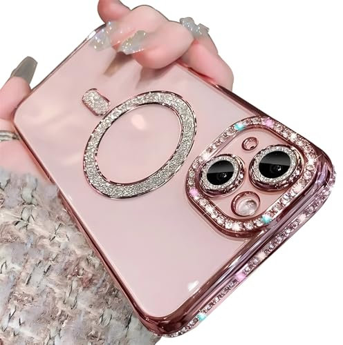 Rokmym Hülle kompatibel mit iPhone 12 Pro Transparent mit Mag-Safe Handyhülle Bling Diamant Glitzer Kamera Schutz Soft TPU Bumper Stoßfest Cover Case Schutzhülle für iPhone 12 Pro,Rosa