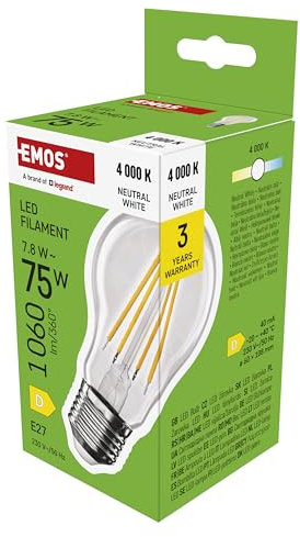 EMOS LED Lampe Edison A60, 7,8W Ersatz für 70W Glühbirne, Vintage-Glühlampe mit E27 Sockel und Helligkeit 1060 lm, Neutralweiß 4000 K, 25000 Stunden Lebensdauer, CRI > 80, 360° Abstrahlwinkel