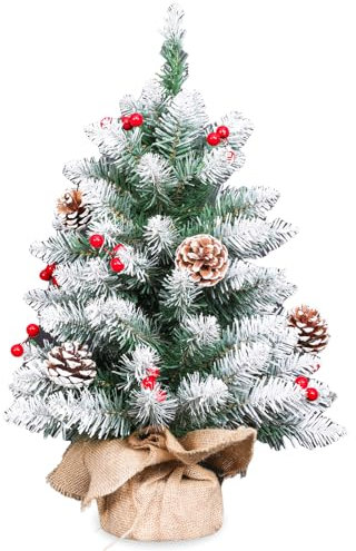 55cm großer künstlicher Weihnachtsbaum, weißer Tischweihnachtsbaum mit beflockten Schneefrostspitzen, Beeren, Holzsockel mit Sackleinen, 55 cm, Mini-Weihnachtskiefer als Weihnachtsdekoration