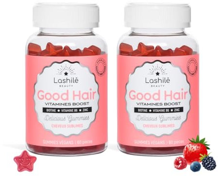 Lashilé Beauty - Good Hair - Pousse accélèrée, Croissance & Fortification des cheveux - Complément Alimentaire Végan - Made in France - Biotine, Zinc Vitamine B8, C, B6 - Cure 3 Mois (180 Gummies)