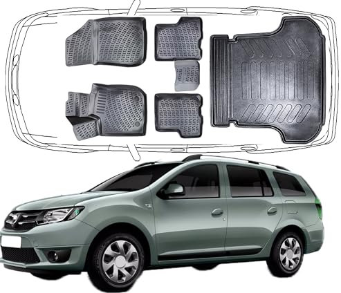Trimak Passgenau 3D Fussmatten & Kofferraumwanne Auto Set Kompatibel mit Dacia Logan MCV 2.Gen 2013-2020 Auto Zubehör Gummimatten Kofferraumwanne Autos TPE Allwetter Geruchlos rutschfest
