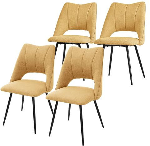 ML-Design Lot de 4 Chaises de Salle à Manger Jaune Moutarde, Assise en Polyester, Chaise Rembourrées avec Dossier et Pieds Métalliques Noirs, Fauteuils Modernes pour Bureau, Salon, Salle à Manger
