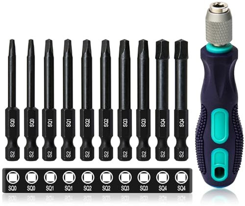 10 Stück Vierkant Schraubendreher Bits 60mm, CYLBAQ Hex Schaft Vierkant Kopf Schraubendreher Bits, SQ0,SQ1,SQ2,SQ3,SQ4 Magnetisch S2 Stahl 1/4 Zoll Sechskantschaft mit Handgriff
