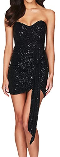 Elegantes Damenkleid, elegant, sexy, V-Ausschnitt, Karneval, Glitzer, Zeremonie, elegante Abendkleider, Kleider mit Pailletten, einfarbig, Hochzeitskleid, glänzend, Schwarz , M