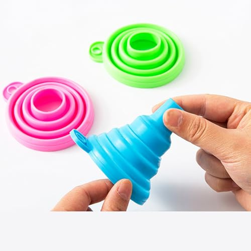 3 Pcs Foldable Funnels, cooking kitchen accessories，Blue+Green+Pink | Soft silicone small funnels，Easy to store and retrieve, available in three different sizes